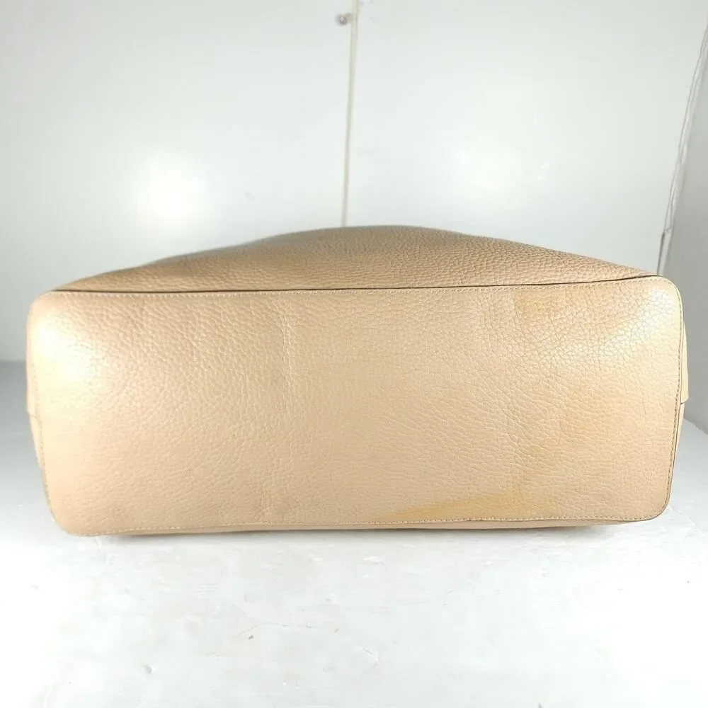 Tory Burch Taylor Beige Pebbled Leather Large Logo Tote Bag Shoulder Bag
